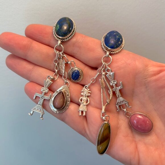 Native American sterling earrings w azurite/lapis/other stones - Picture 8 of 11
